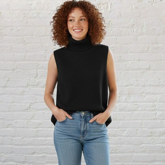 Talbots Sleeveless Turtleneck Sweater XL Black Wool Blend Ribbed Knit - Picture 1 of 11